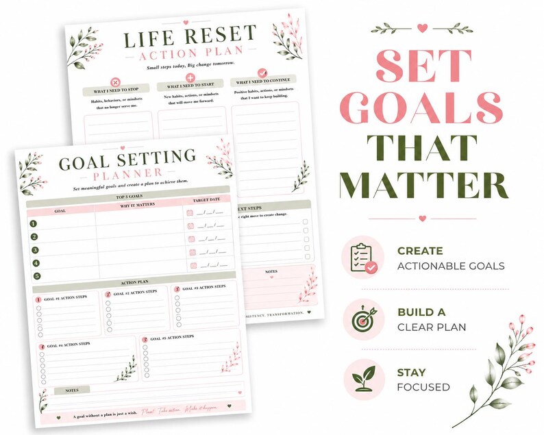 May include: Two white paper planners with pink and green floral accents. The top sheet is titled "Life Reset Action Plan" and the bottom sheet is "Goal Setting Planner." Text on the right reads "Set Goals That Matter" with icons for goals, plans, and focus.