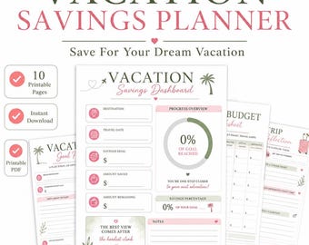 May include: A digital vacation savings planner set featuring multiple printable pages with pink and olive green accents. The dashboard includes fields for destination, travel date, savings goal, and a progress tracker. Text includes VACATION SAVINGS PLANNER.
