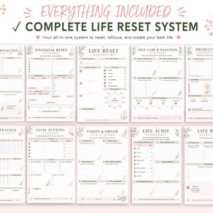 May include: A set of ten printable planner pages titled Complete Life Reset System, including Monthly Reflection, Financial Reset, Life Reset Dashboard, Self-Care & Wellness, Productivity & Routine, Habit Tracker, Goal Setting, Vision & Dream, Life Audit, and Action Plan.