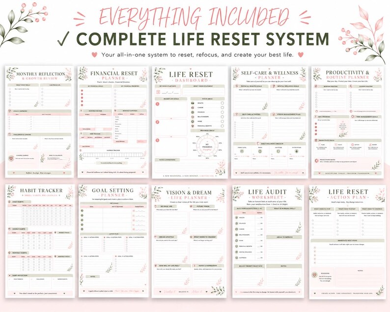May include: A set of ten printable planner pages titled Complete Life Reset System, including Monthly Reflection, Financial Reset, Life Reset Dashboard, Self-Care & Wellness, Productivity & Routine, Habit Tracker, Goal Setting, Vision & Dream, Life Audit, and Action Plan.
