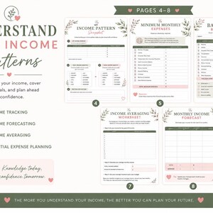 May include: A digital financial planning document titled Understand Your Income Patterns, featuring five distinct worksheets for income tracking, minimum monthly expenses, bare bones budget planning, income averaging, and monthly income forecasting.