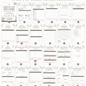 May include: A 24-page financial budget planner set featuring white sheets with dark green text, pink accents, and floral illustrations. The pages include trackers for irregular income, expenses, debt, savings, and cash flow, with the title EVERYTHING INCLUDED.