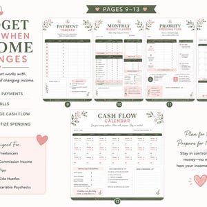 May include: A digital budget planner set featuring pages 9 through 13, including a payment tracker, monthly budget planner, priority spending plan, bill due date calendar, and cash flow calendar. The design uses dark green text and pink accents.