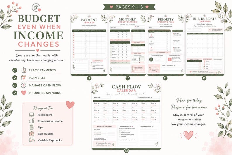 May include: A digital budget planner set featuring pages 9 through 13, including a payment tracker, monthly budget planner, priority spending plan, bill due date calendar, and cash flow calendar. The design uses dark green text and pink accents.