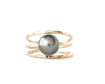 Ekolu with Black Pearl - Three Band Ring with Beautiful Pearl, Handmade in Hawaii, Statement Ring, Mother's Day Gift, Graduation Gift