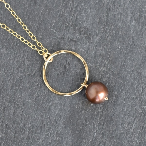 Chocolate Brown Pearl Hoop Necklace, Handmade in Hawaii, Hawaii Jewelry, Chocolate Pearls, Brown Pearls, Made with Aloha