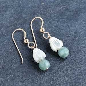 Cute Jade and Pikake Cluster Earrings, Dainty Minimalist Earrings, Green Jade Jewelry, Mother of Pearl Pikake Bead, Handmade in Hawaii