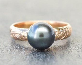 Tahitian Pearl Ring, Hawaiian Heirloom Style Pattern Wire, Gold Filled Ring does NOT Tarnish, Hawaiian Jewelry, Handmade in Hawaii