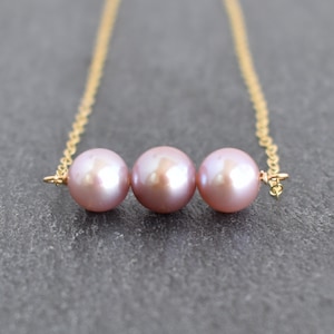Dainty Three Pearl Necklace with 8mm Light Purple Pearls, Simple Bridesmaid Necklace, Handmade in Hawaii, Minimalist Jewelry