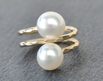 Anello doppio bypass con perla bianca, anello con perla, gioielli hawaiani, anello resort, anello di laurea, fatto a mano alle Hawaii con Aloha