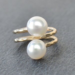 White Pearl Double Bypass Ring, Pearl Ring, Hawaiian Jewelry, Resort Ring, Graduation Ring, Handmade in Hawaii with Aloha