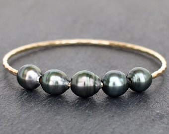 Tahitian Pearl Bangle Bracelet, 14k Gold Filled, Black Pearl Jewelry