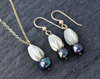 Set of Matching Pikake Pearl Cluster Necklace and Earrings, Pikake Jewelry, Aloha Made Jewelry, Bridesmaid Jewelry, Handmade in Hawaii