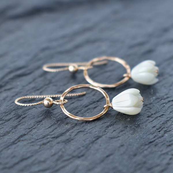 Small Hoop Earring with Dangling Pikake Mother of Pearl, Pikake Jewelry, Small Hoops, Bridesmaid Earring, Bridal, Made in Hawaii with Aloha