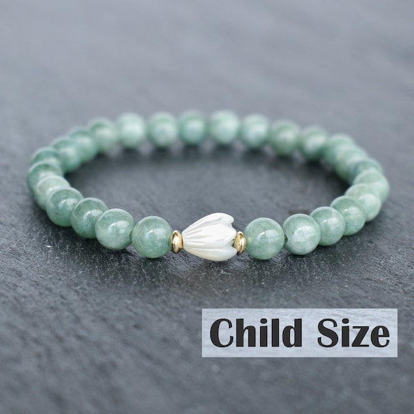 Child 6mm Jade Stretchy Bracelet - Single SMALL Pikake, Stretchy Gemstone Bracelet, Green Jade Bracelet, Protective Crystals, Pikake Beads