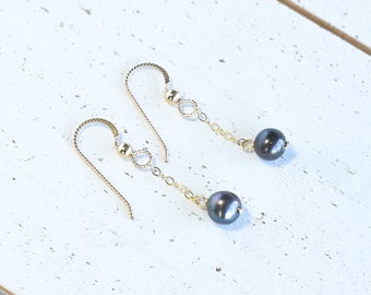 Single Chain Linked 8mm Black Freshwater Pearl Earrings