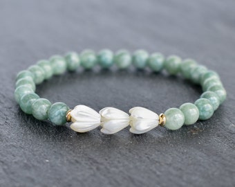 6mm Jade Stretchy Bracelet - Triple SMALL Pikake, Stretchy Gemstone Bracelet, Green Jade Bracelet, Protective Crystals, Pikake Beads