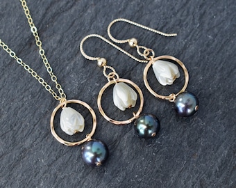 Set of Matching Pikake Hoop with Pearl Necklace and Earrings, Pikake Jewelry, Aloha Made Jewelry, Bridesmaid Jewelry, Handmade in Hawaii