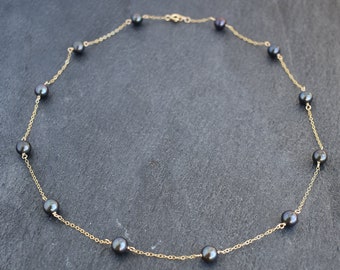 Delicado collar de perlas negras de 8 mm, collar de dama de honor, collar de perlas sencillo, joyería hawaiana, hecho a mano en Hawái con Aloha
