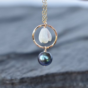Small Hoop with Mother of Pearl Pikake and Black Freshwater Pearl Necklace
