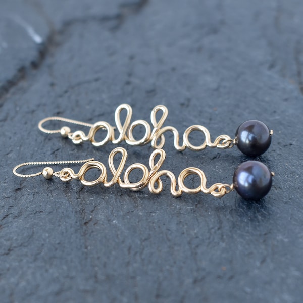 Aloha Pearl Vertical Dangle Earrings, Aloha Earrings, Hawaii  Vacation, Hawaiian Jewelry, Hand Bent Wire, Made in Hawaii with Aloha