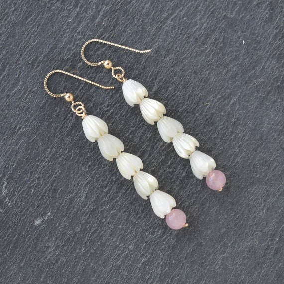 Five Small Mother of Pearl Pikake Flowers and 6mm Rose Quartz Long Earrings
