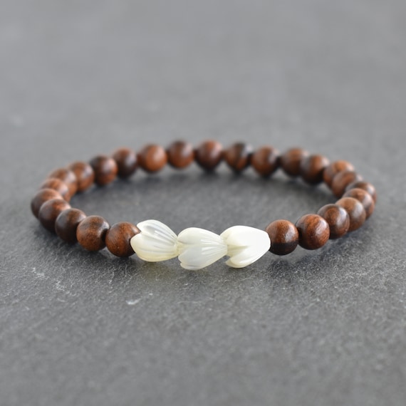 Triple small Mother of Pearl Pikake with Rosewood Beads Stretchy Bracelet, Three Pikake, White Jasmine Flower, Handmade in Hawaii with Aloha