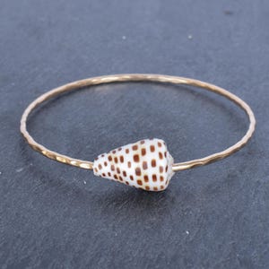 May include: A gold bangle bracelet with a brown and white seashell charm. The bracelet is hammered for a textured look.