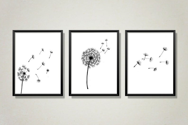 Instant Download Dandelion Wall Art, Set of 3 Prints, Scandinavian Art