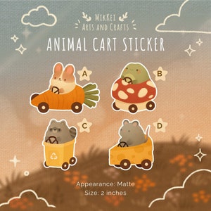 Adorable Animal Carts Vinyl Sticker, Cute Creatures in Go-Karts Sticker Pack, Racing Animal Diecut, Laptop Sticker, Bunny, Frog, Raccoon,Rat