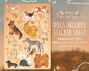 May include: A matte sticker sheet with illustrations of various dog breeds. The sheet includes cartoon dogs, hearts, and bones. The sticker sheet measures 10.8 cm x 14 cm.