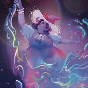 May include: A woman wearing a witch's hat and a sparkly dress raises her hand towards a bright star in a dark purple sky.  She is surrounded by swirling, colourful, glowing lines of energy.