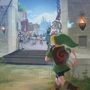 May include: A green-clad character with a sword and shield walks through a stone archway towards a town with a blue sky and white clouds. The character is wearing a green tunic, brown trousers, and brown boots. The character is carrying a sword in their right hand and a shield on their back. The town is in the background and is made up of buildings with red roofs and white walls. There are trees and a fountain in the town.