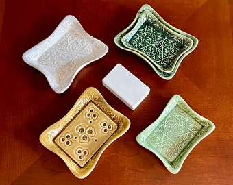 Hand Formed Ceramic Stoneware Pottery Rectangle Trinket/Soap Dish/Insert, Four Color Choices, Celtic Clover Vine Imprint, Sold Separately