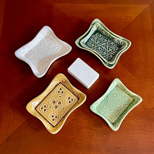 Hand Formed Ceramic Stoneware Pottery Rectangle Trinket/Soap Dish/Insert, Four Color Choices, Celtic Clover Vine Imprint, Sold Separately