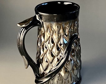 Handcrafted and Sculpted Stoneware Pottery Dragon Tailed Stein, Metallic & Obsidian Glazes 20+ fl oz, Proper Pint Plus