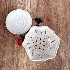 Wheel-thrown, Hand Carved, Ceramic Stoneware Pottery, Two-piece Small Strainer/Berry Bowl & Catch Saucer, White Glaze, OOAK