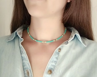 Turquoise choker necklace beaded Boho gift Minimalist Delicate Layering Jewelry Gift for women her Pastel necklace Tiny beads Beach choker