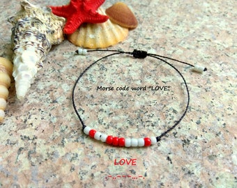Morse code Love Beaded bracelet couples Gift for her him boyfriend girlfriend Custom personalized Secret code jewelry Waterproof Minimalist
