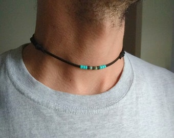 Waterproof Beaded leather choker necklace for men women unisex Turquoise black beads Summer jewelry Boyfriend Surfer bro gift Boho Bracelet