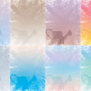 Op de afbeelding: Een digitale collage van negen aquarelvierkanten met een silhouet van een gieter in elk vierkant. De vierkanten zijn gerangschikt in een 3x3-rooster. De kleuren van de vierkanten zijn: lichtblauw, lichtroze, lichtbruin, lichtgroen, lichtpaars, lichtgeel, lichtgrijs, lichtblauwgroen en lichtoranje.