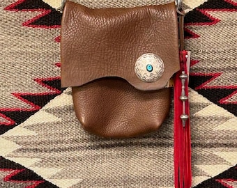 Leather with vintage silver and turquoise concho shoulder bag