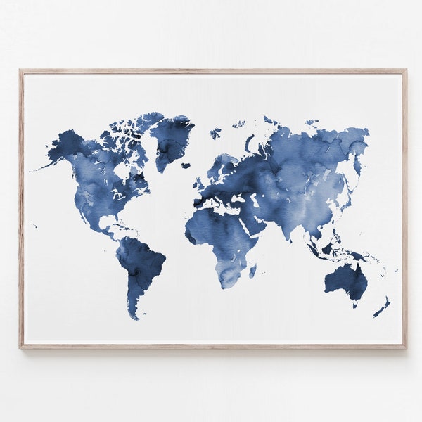 Blaue Weltkarte druckbare, Marine blaue Aquarell Weltkarte, abstrakte Weltkarte, Aquarell minimalist Art Print Digital, Instant Download