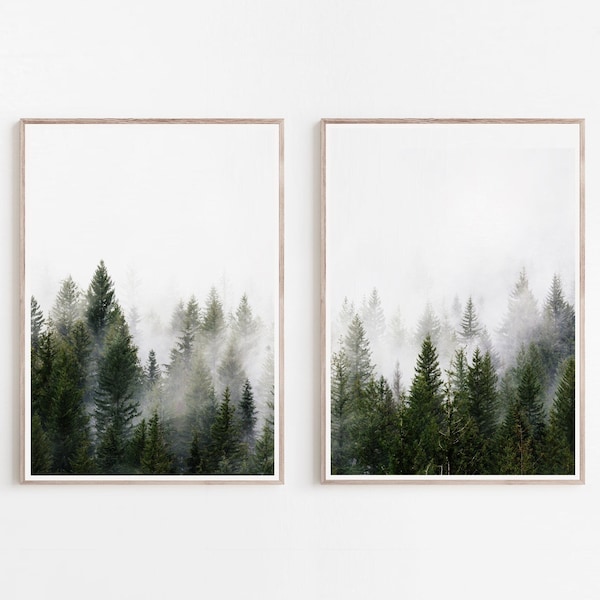 Forest Print Set of 2, Forest Photography, 2 Piece Landscape Print, Minimalist Poster, Misty Forest, Pine Trees Print, Evergreen Print