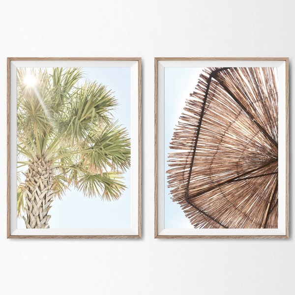 Print Set of 2, Palm Print, Umbrella Print, Beach House Decor, Printable Wall Art, Coastal Decor, Digital Download, Ocean, Beach Coastal