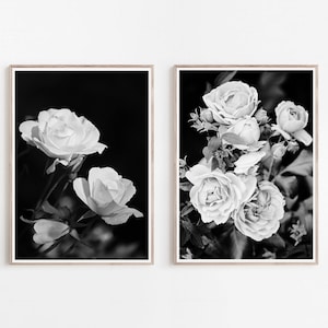 Impresión de rosas, arte imprimible de rosas, impresiones en blanco y negro, juego de 2 rosas, juego de impresiones de rosas, fotografía de rosas