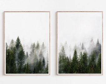 May include: Two framed prints of a misty forest scene with tall evergreen trees. The prints are in a light wood frame and have a white background.