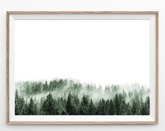 Minimalistische bosprint, minimalistische muurkunst, mistig bos print, groen bos afdrukbaar, natuurprints, modern interieur, bos kunst aan de muur
