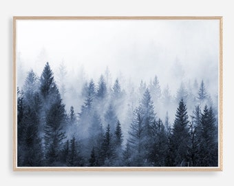 Modern Blue Printable, Forest Photography, Navy Blue, Foggy Forest, Minimalist, Nature, Wilderness, Instant Download, Nature Lover Gift