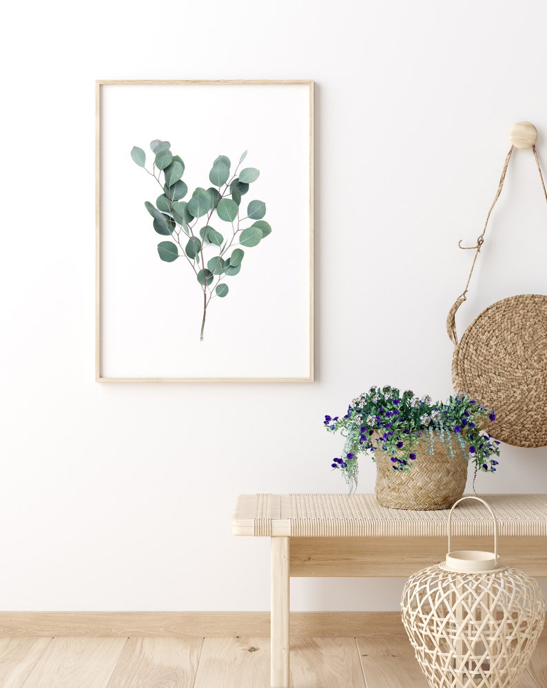 Puede incluir: Un cuadro con una rama de eucalipto con hojas verdes. La obra de arte est&aacute; colgada en una pared blanca sobre un banco de madera. Tambi&eacute;n se ve una cesta de flores moradas y una linterna tejida.